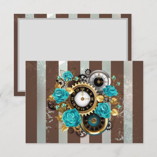 Steampunk Clock- en Turquoise-Rozen op gestreept Advieskaart (Voorkant / Achterkant)