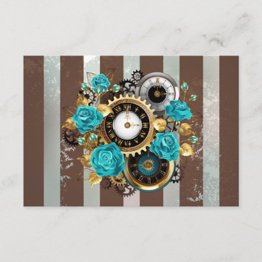 Steampunk Clock- en Turquoise-Rozen op gestreept Advieskaart (Voorkant)