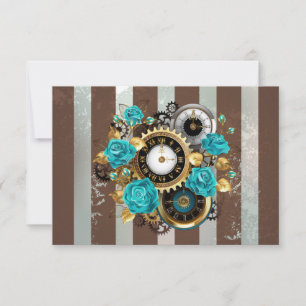 Steampunk Clock- en Turquoise-Rozen op gestreept Advieskaart