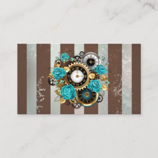 Steampunk Clock- en Turquoise-Rozen op gestreept Advieskaart (Voorkant)