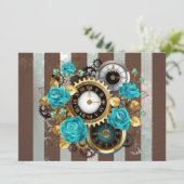 Steampunk Clock- en Turquoise-Rozen op gestreept Advieskaart (Staand voorkant)