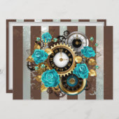Steampunk Clock- en Turquoise-Rozen op gestreept Advieskaart (Voorkant / Achterkant)