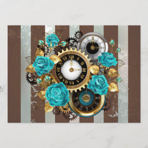Steampunk Clock- en Turquoise-Rozen op gestreept Advieskaart