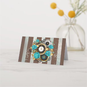 Steampunk Clock- en Turquoise-Rozen op gestreept Afsprakenkaart