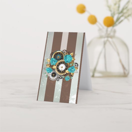 Steampunk Clock- en Turquoise-Rozen op gestreept Afsprakenkaart (Voorkant)