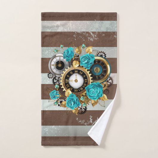 Steampunk Clock- en Turquoise-Rozen op gestreept Bad Handdoek (Handdoek)