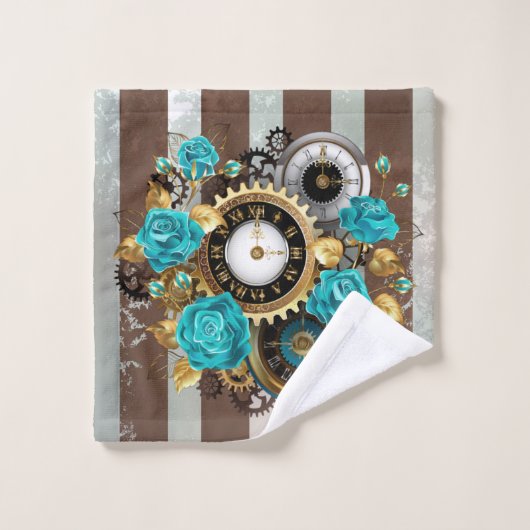 Steampunk Clock- en Turquoise-Rozen op gestreept Bad Handdoek (Wasdoekje)