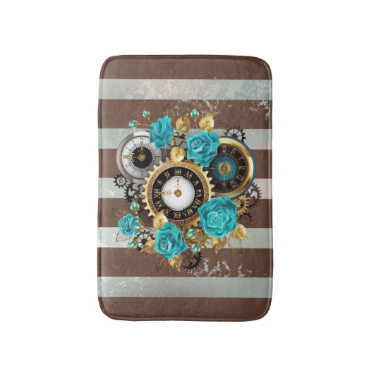 Steampunk Clock- en Turquoise-Rozen op gestreept Badmat (Voorkant Verticaal)
