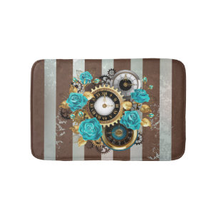 Steampunk Clock- en Turquoise-Rozen op gestreept Badmat