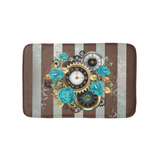 Steampunk Clock- en Turquoise-Rozen op gestreept Badmat (Voorkant)