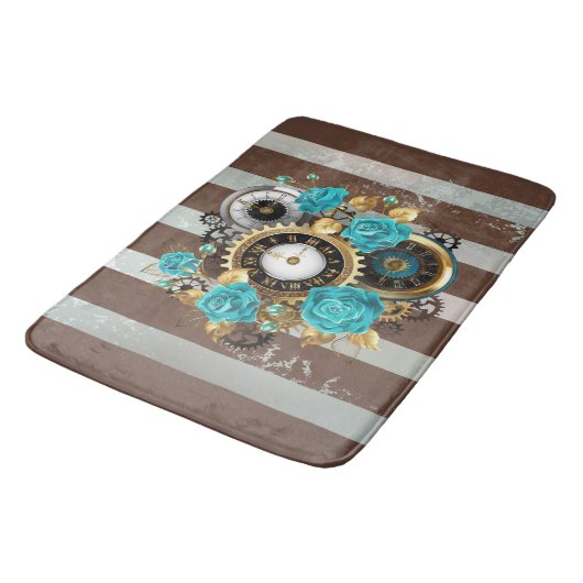 Steampunk Clock- en Turquoise-Rozen op gestreept Badmat (Gekanteld)