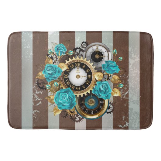 Steampunk Clock- en Turquoise-Rozen op gestreept Badmat (Voorkant)