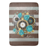 Steampunk Clock- en Turquoise-Rozen op gestreept Badmat (Voorkant Verticaal)