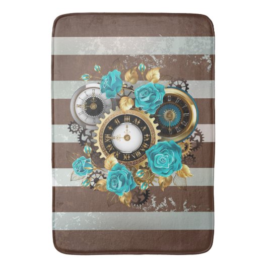 Steampunk Clock- en Turquoise-Rozen op gestreept Badmat (Voorkant Verticaal)