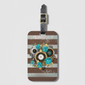 Steampunk Clock- en Turquoise-Rozen op gestreept Bagagelabel (Voorkant (verticaal))