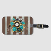 Steampunk Clock- en Turquoise-Rozen op gestreept Bagagelabel (Voorkant (horizontaal))