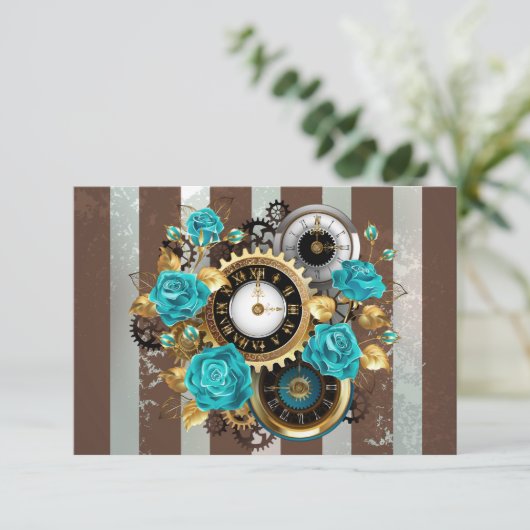 Steampunk Clock- en Turquoise-Rozen op gestreept Bedankkaart (Staand voorkant)