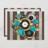 Steampunk Clock- en Turquoise-Rozen op gestreept Bedankkaart (Voorkant / Achterkant)