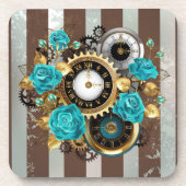 Steampunk Clock- en Turquoise-Rozen op gestreept Bier Onderzetter (Voorkant)