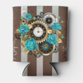 Steampunk Clock- en Turquoise-Rozen op gestreept Blikjeskoeler (Voorkant)