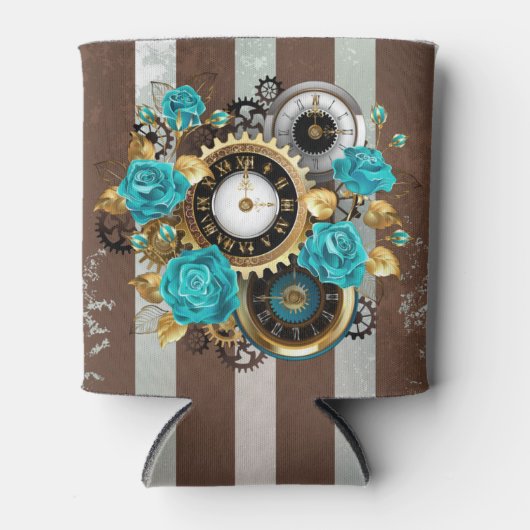 Steampunk Clock- en Turquoise-Rozen op gestreept Blikjeskoeler (Voorkant)