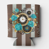 Steampunk Clock- en Turquoise-Rozen op gestreept Blikjeskoeler (Achterkant)