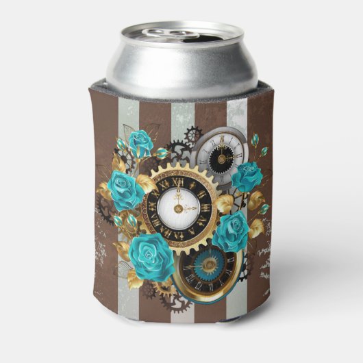 Steampunk Clock- en Turquoise-Rozen op gestreept Blikjeskoeler (Blikje Achterkant)