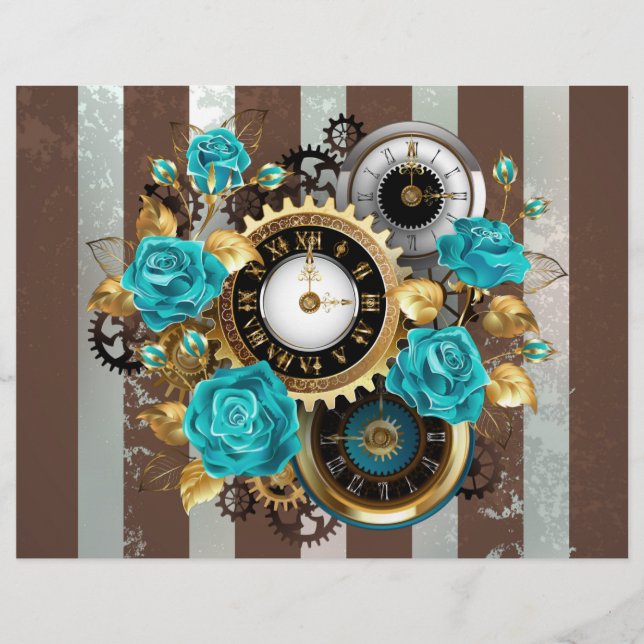Steampunk Clock- en Turquoise-Rozen op gestreept Briefhoofd (Voorkant)