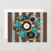 Steampunk Clock- en Turquoise-Rozen op gestreept Briefkaart (Voorkant / Achterkant)