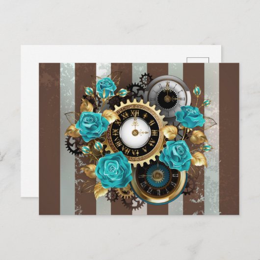 Steampunk Clock- en Turquoise-Rozen op gestreept Briefkaart (Voorkant / Achterkant)