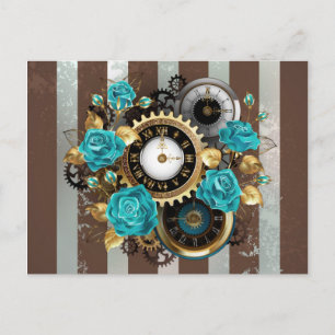 Steampunk Clock- en Turquoise-Rozen op gestreept Briefkaart