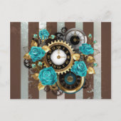 Steampunk Clock- en Turquoise-Rozen op gestreept Briefkaart (Voorkant)