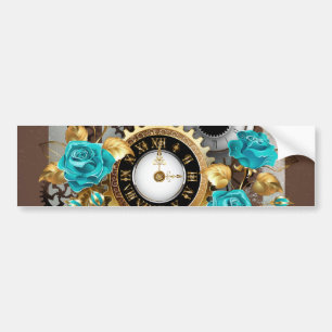 Steampunk Clock- en Turquoise-Rozen op gestreept Bumpersticker