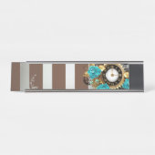 Steampunk Clock- en Turquoise-Rozen op gestreept Bureau Naambordje (Voorkant)