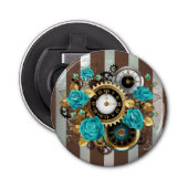 Steampunk Clock- en Turquoise-Rozen op gestreept Button Flesopener (Voorkant)