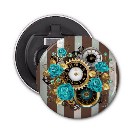 Steampunk Clock- en Turquoise-Rozen op gestreept Button Flesopener (Voorkant)