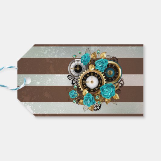 Steampunk Clock- en Turquoise-Rozen op gestreept Cadeaulabel (Achterkant Horizontaal)