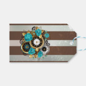 Steampunk Clock- en Turquoise-Rozen op gestreept Cadeaulabel (Voorkant (Horizontaal))
