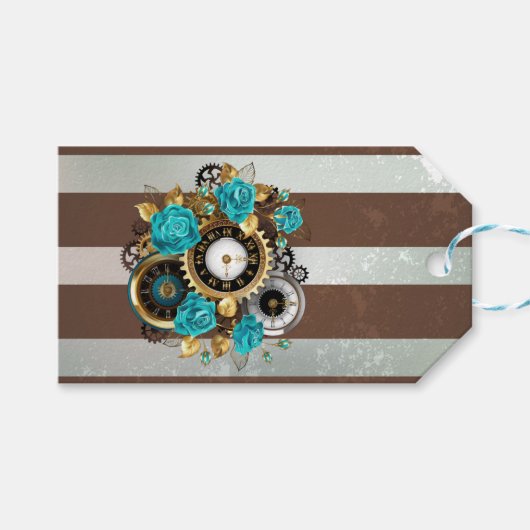 Steampunk Clock- en Turquoise-Rozen op gestreept Cadeaulabel (Voorkant (Horizontaal))