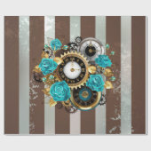Steampunk Clock- en Turquoise-Rozen op gestreept Cadeaupapier (Vlak)