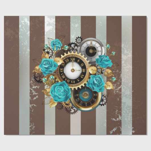 Steampunk Clock- en Turquoise-Rozen op gestreept Cadeaupapier (Vlak)