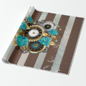 Steampunk Clock- en Turquoise-Rozen op gestreept Cadeaupapier (Uitgerold)