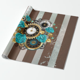 Steampunk Clock- en Turquoise-Rozen op gestreept Cadeaupapier