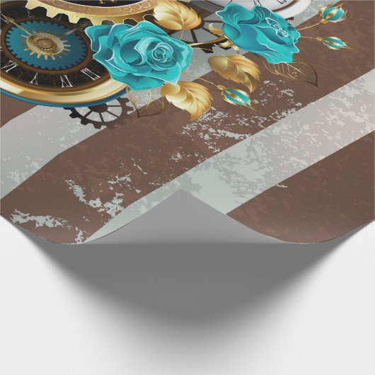 Steampunk Clock- en Turquoise-Rozen op gestreept Cadeaupapier (Hoek)