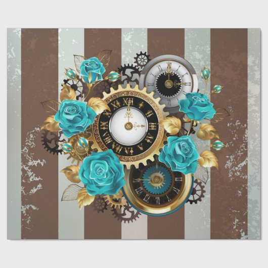 Steampunk Clock- en Turquoise-Rozen op gestreept Cadeaupapier (Vlak)