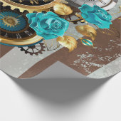Steampunk Clock- en Turquoise-Rozen op gestreept Cadeaupapier (Hoek)