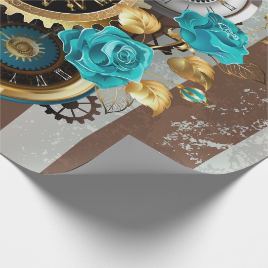 Steampunk Clock- en Turquoise-Rozen op gestreept Cadeaupapier (Hoek)