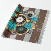 Steampunk Clock- en Turquoise-Rozen op gestreept Cadeaupapier (Uitgerold)