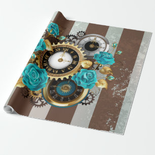 Steampunk Clock- en Turquoise-Rozen op gestreept Cadeaupapier