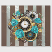 Steampunk Clock- en Turquoise-Rozen op gestreept Cadeaupapier (Vlak)
